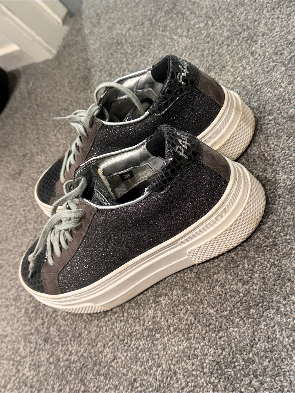 P448 Women's Black Glitter & Gray Platform Sneakers with White Sole